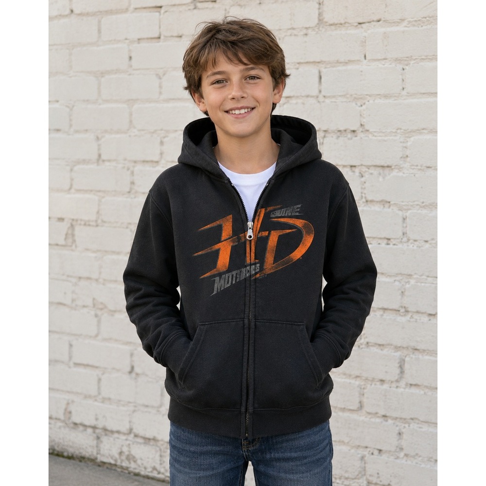 Harley-Davidson Kids Black Full Zip Graphic Hoodie Sweatshirt Size Large L biker